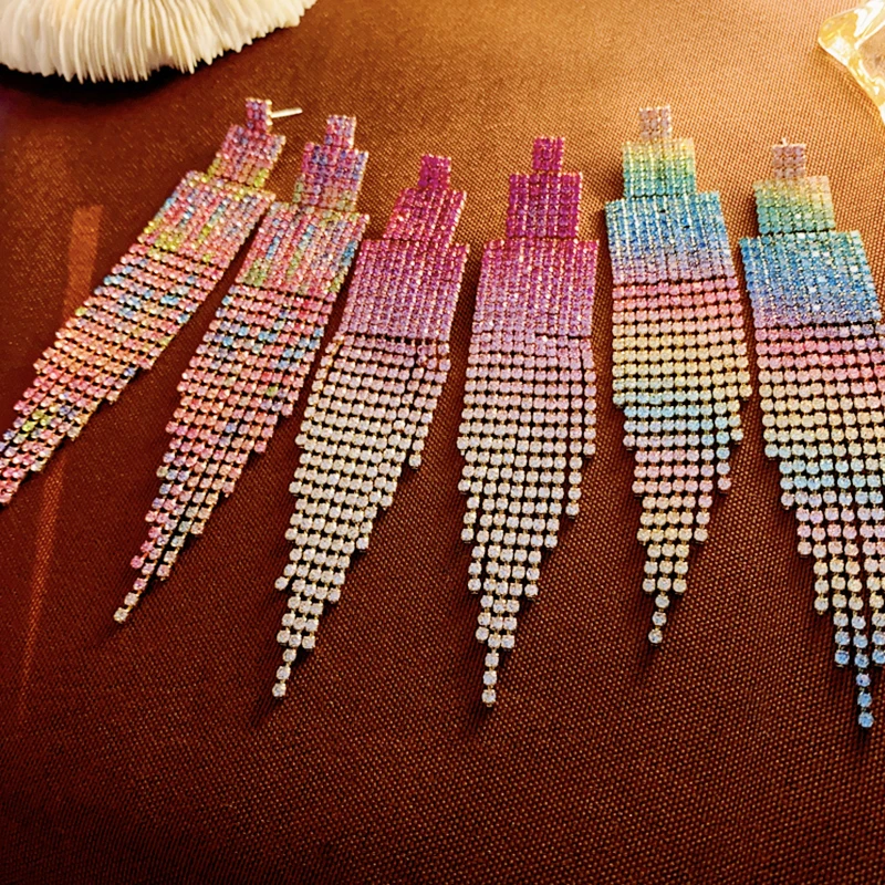 

DREJEW Gradient Colorful Rhinestone Earrings For Women Geometric Long Tassel Earring Ladies Fashion Bride Wedding Party Jewelry