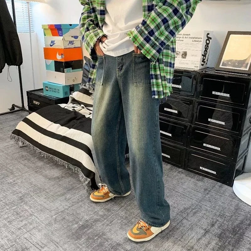 Summer Blue Baggy Jeans Men Fashion Retro Casual Straight Jeans Mens Streetwear Loose Hip Hop Wide Leg Denim Trousers Men Pants