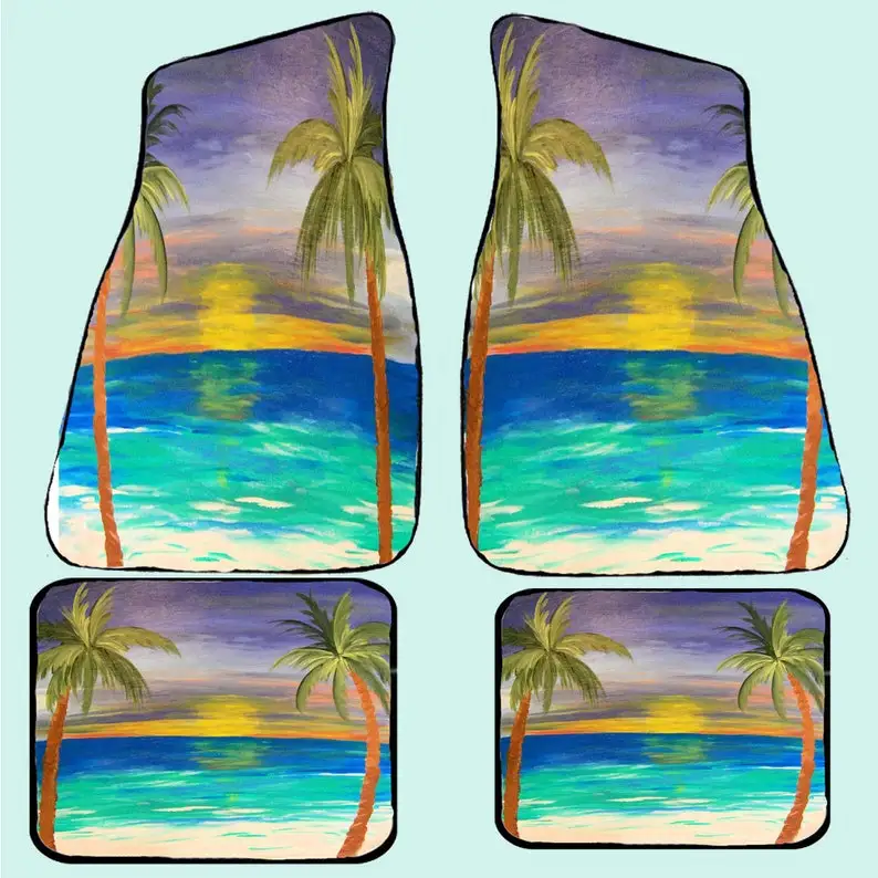

Sunset Tropical Beach Beach Art Car Mats front and rear and optional matching car coasters from my original design