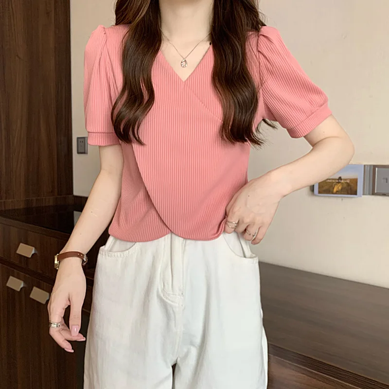 

Summer women's 2022 new v-neck top t-shirt short sleeve White