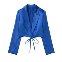 2022 new women silk satin textured cropped blazer and trousers fashionable suit collar bow crop top high waist loose trousers