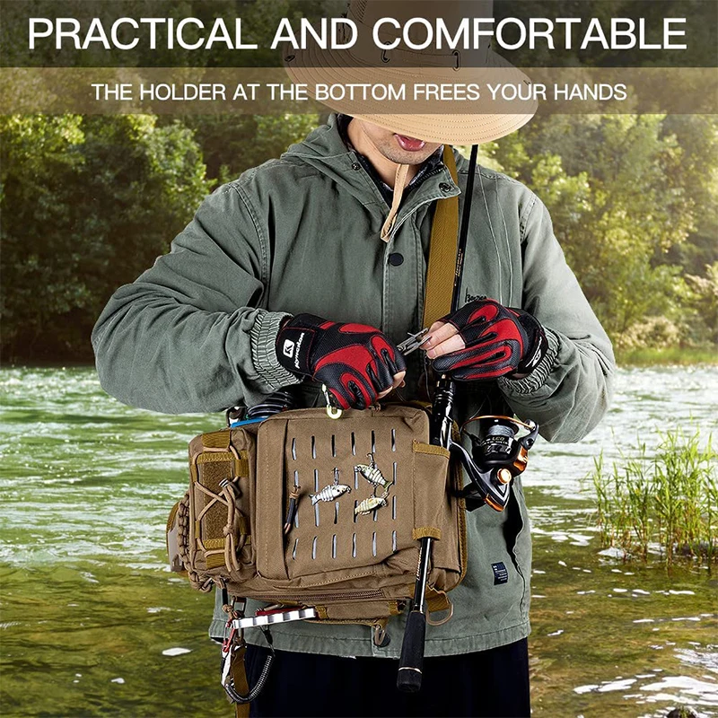 Night Cat Fly Fishing Sling Pack for Men Women Fishing Tackle Storage Bag with Rod Holder Crossbody Backpack Compact Water-Resis