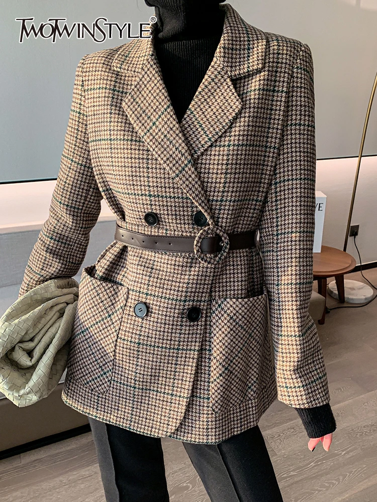 

TWOTWINSTYLE Casual Houndstooth Blazers For Women Notched Collar Long Sleeve Tunic Slimming Autumn Blazer Female Fashion Clothes