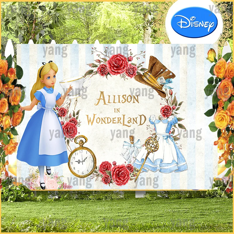 

Custom Lovely Colorful Disney Alice In Wonderland Rose Wreath Birthday Party Decoration Baby Shower Backdrop Background Banner