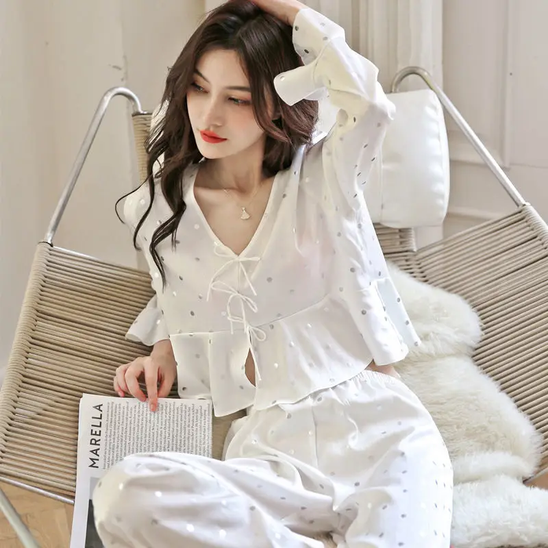 QWEEK Designer Clothes Women Luxury Sleepwear 2 Piece Set Trouser Suits White Pajamas Shiny Home Suit Long Sleeve Top + Pants