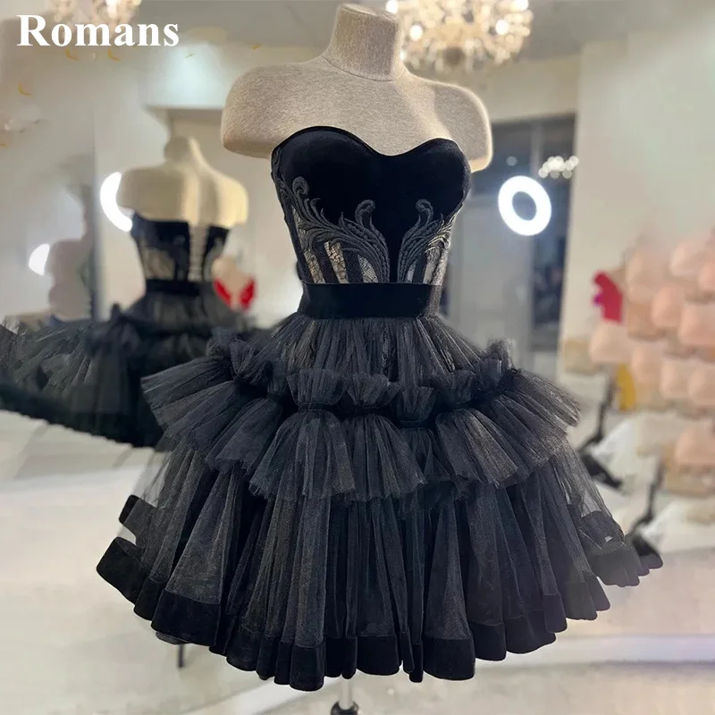 

Romans Black Evening Dress for Women Graduation dresses A-Line Tull Belt Appliques Backless vestidos de noche Special Events