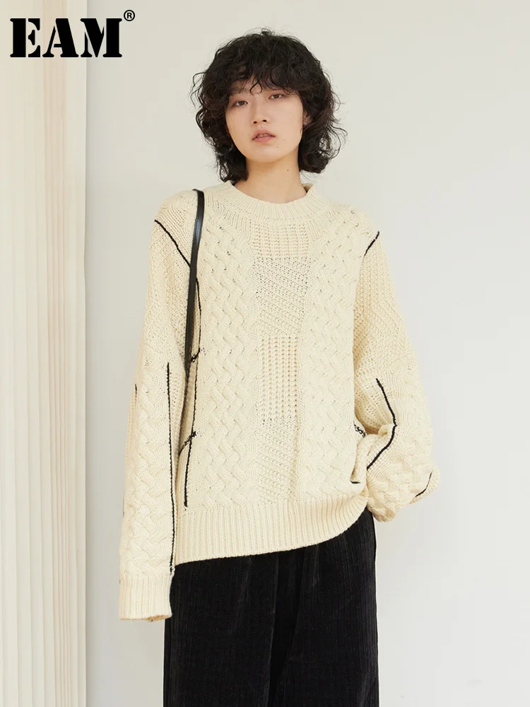 

[EAM] Big Size Topstitched Knitting Sweater Round Neck Long Sleeve Women Pullovers New Fashion Autumn Winter 2023 1DF4187