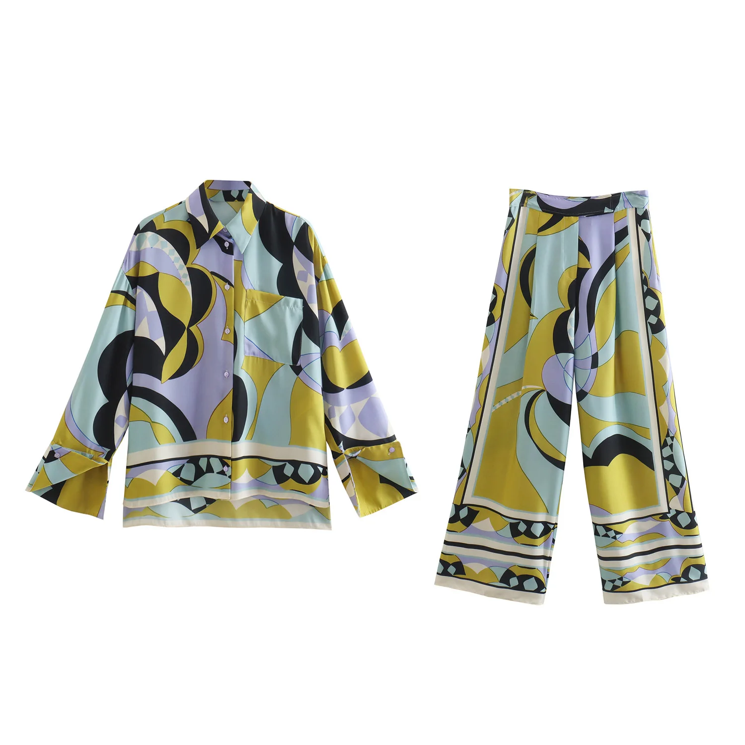 

Chic Spring 2022 Women Geometry Print 2 Pieces Sets Long Sleeve Single Breasted Shirt And High Waist Wide Leg Long Pants Set