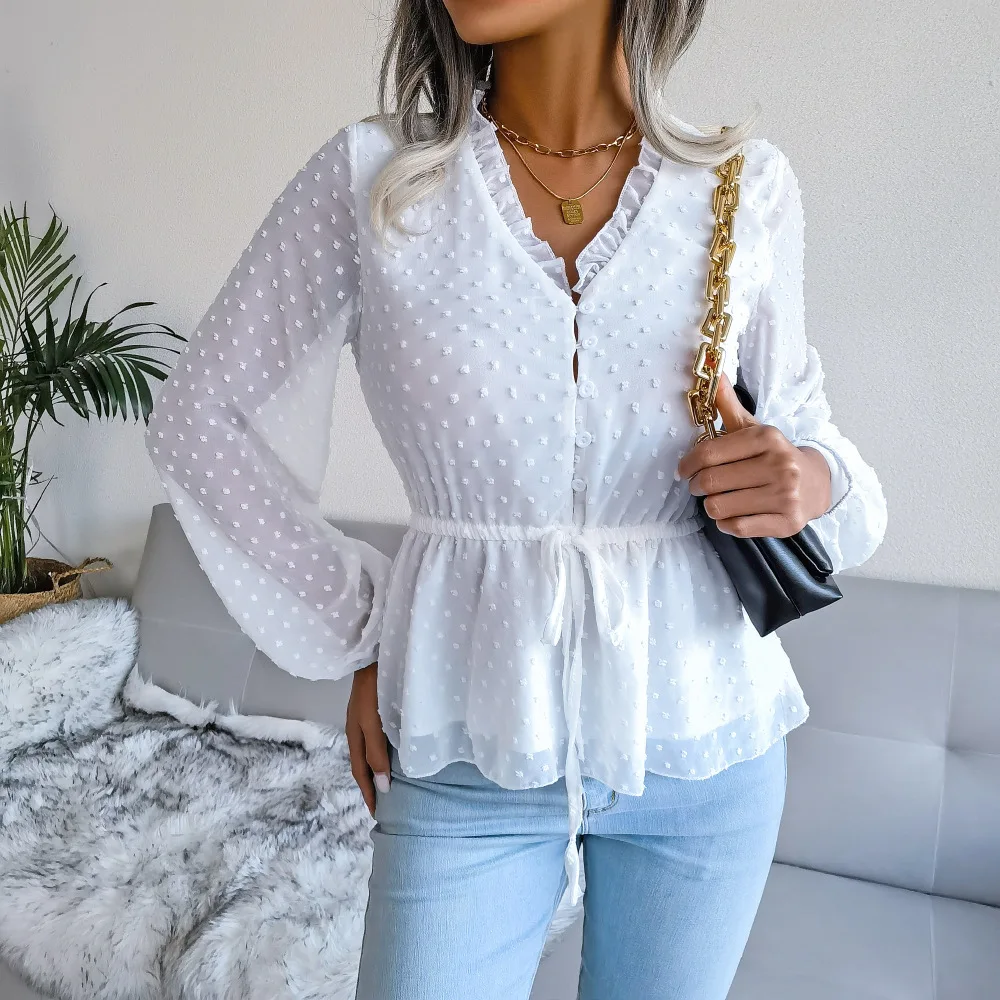 

Women's Chiffon Shirt Autumn/Winter 2022 Lantern Long Sleeve Ruffle Lace Waist Polka Dot Casual Loose Pullover