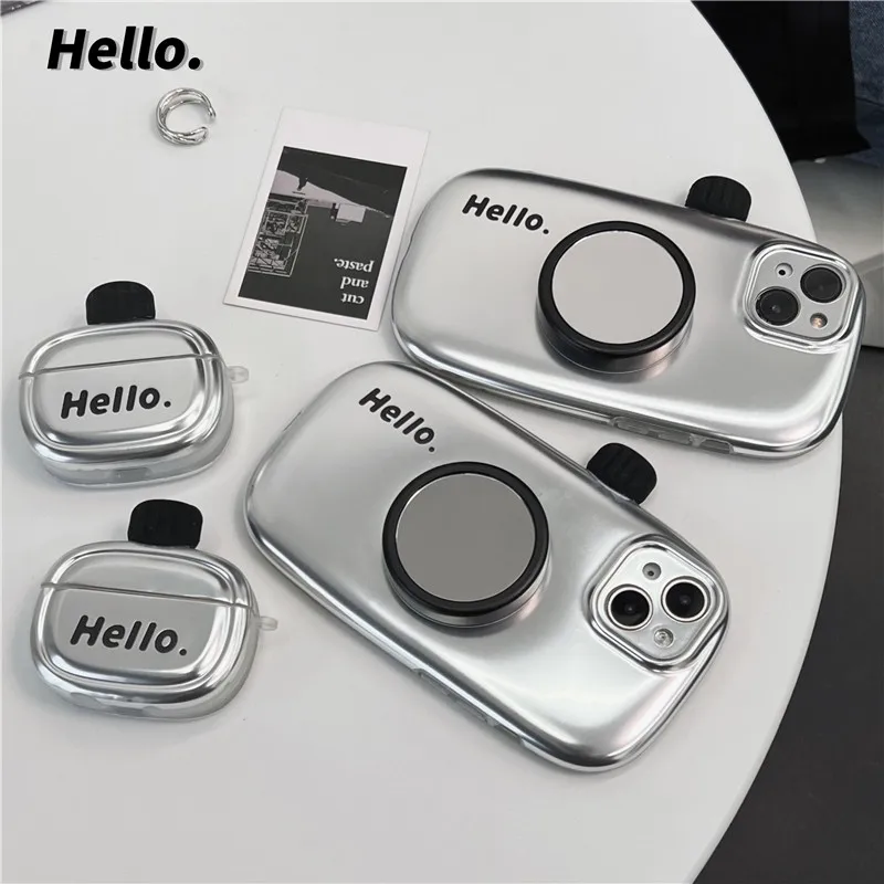 

Fashion Silver Hello Camera Mirror Phone Case for iPhone 12 13 14 15 Pro Max Plus Earphone For AirPods 1 2 3 Pro Cover Headphone