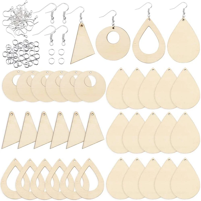 

4 Styles Unfinished Wood Earring Pendants With 80 Pieces Earring Hooks And 80 Pieces Jump Rings For Jewelry DIY Making