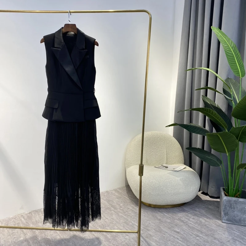 

Black Sleeveless Blazer Dresses Designer Ladies Style Peplums Slim Fit Ruched Lace Front High Slit 2022