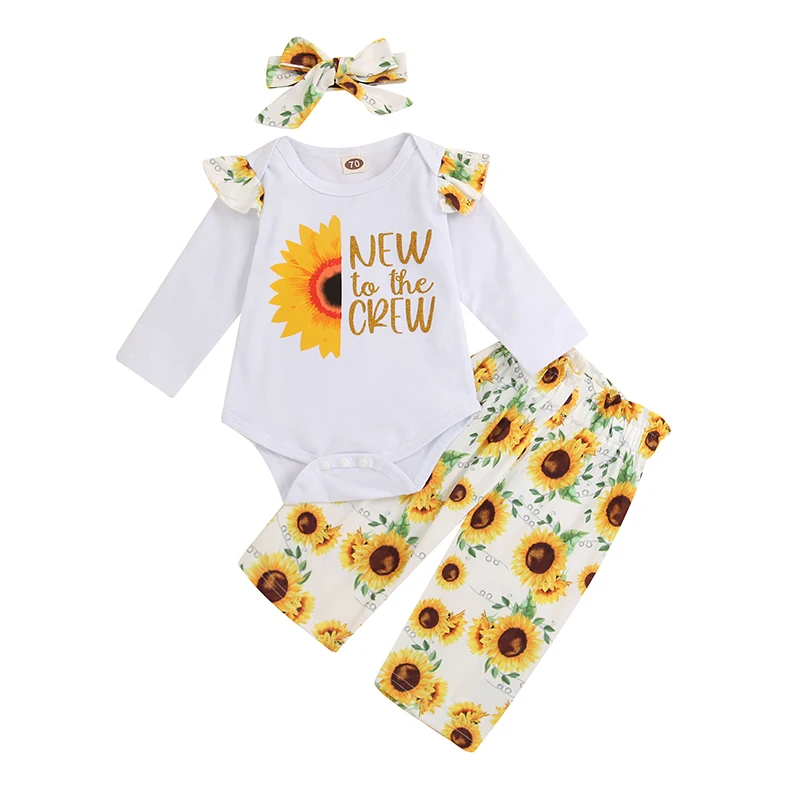 

Baby Girl\u2019s Tops and Trousers Set Fashion Letter Long Sleeve Romper and Sunflower Long Pants Headband