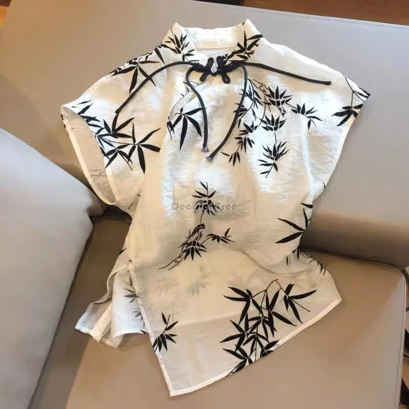 Новинка 2024 китайская рубашка с чернильным принтом и воротником-стойкой женская