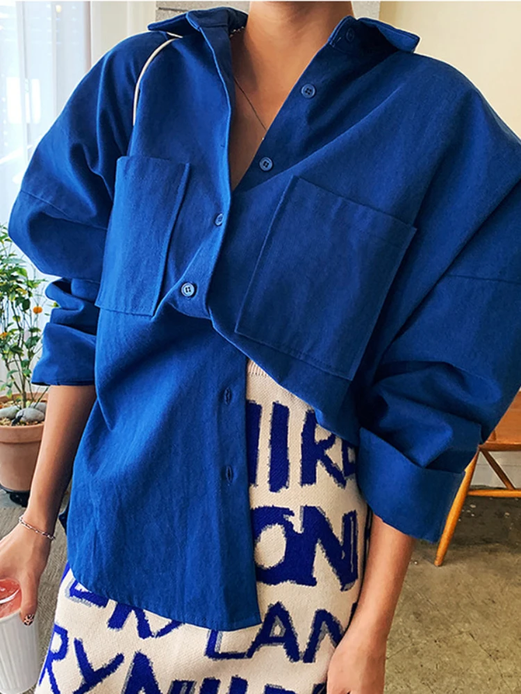 

Fashion New High Street Women Solid Shirts Collar White Blue Ladies Shirt Full Sleeves for Female Casual Clothes 2022