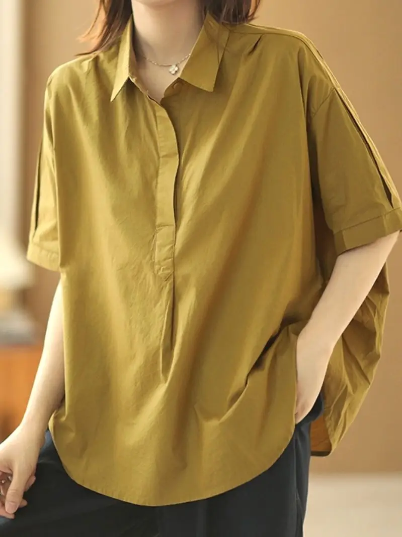 

Женский свободный пуловер большого размера, однотонная Повседневная универсальная хлопковая рубашка с коротким рукавом, Новый Винтажный топ с отложным воротником на лето