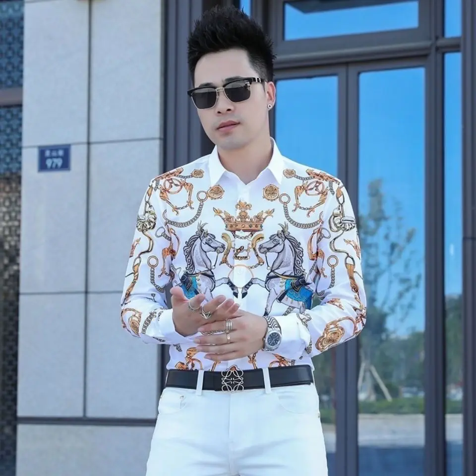 Autumn men's high-end flower shirt youth handsome slim long sleeve shirt personalized printed cardigan top