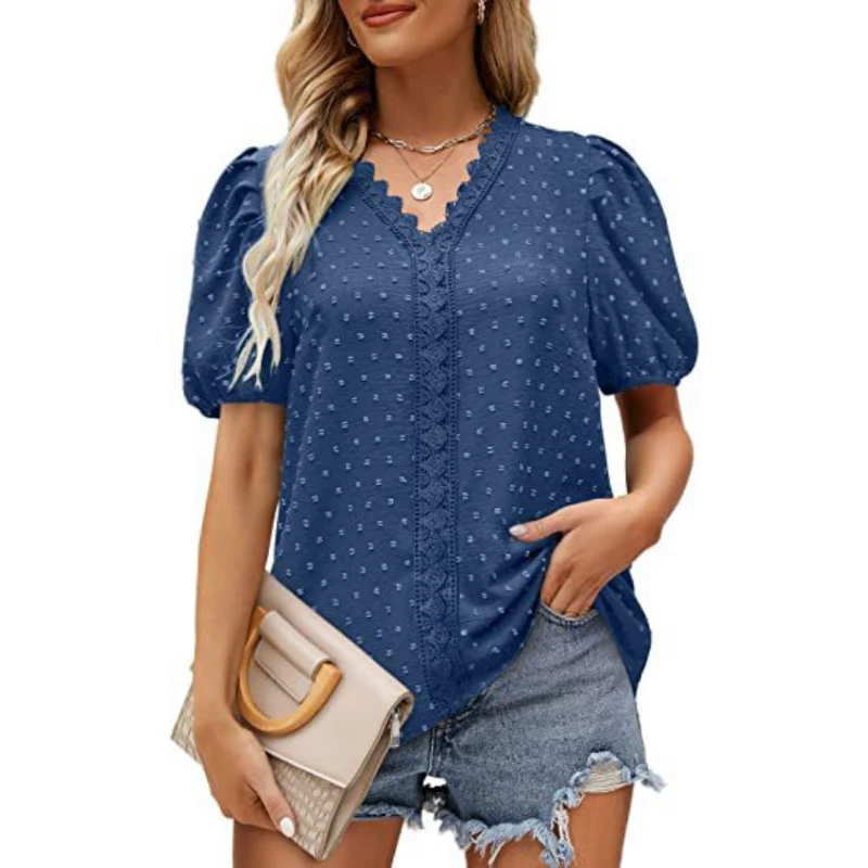 

Elegant Puff Short Sleeve Lace Shirt Summer Solid V-neck Chiffon Blouse Casual Dot White Tops Fashion Women Clothes Blusas 25893