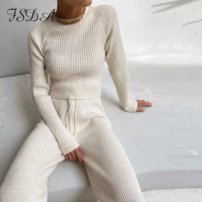 

FSDA 2020 Women Set Sweater Top Long Sleeve And Biker Pants Autumn Winter White Casual Two Piece Set Warm Outfits Knitted