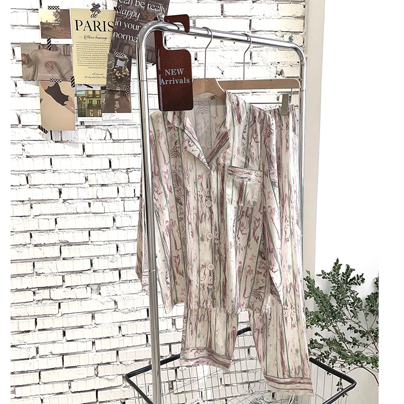 FALLINLAOE Satin Pajamas Set Spring Autumn Home Suit with Pant Women's Print Pijama Silk Sleepwear for Female Pyjamas Lingerie
