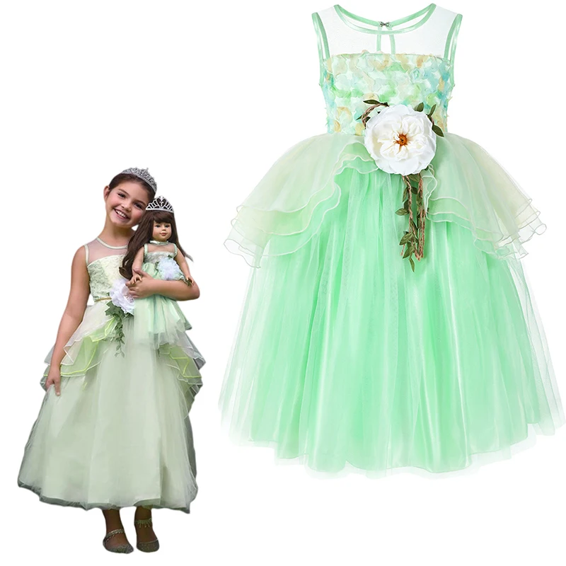 

Disney Tiana Dress Girl Princess Role Playing Carnival Party Costume Children Sleeveless Frock Frog Prince Princess tutu 2-12Y