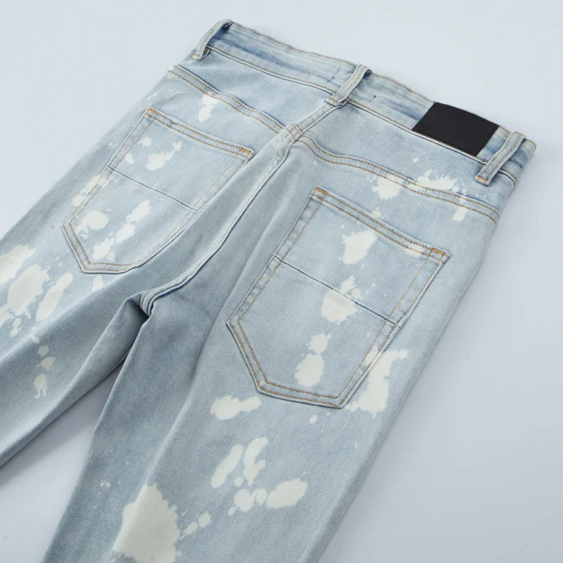 High Street Fashion Men Jeans Retro Light Blue Elastic Skinny Fit Ripped Jeans Men Painted Designer Patched Hip Hop Brand Pants