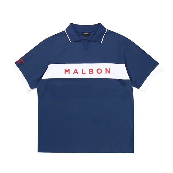 MALBON Men's V-Neck Collar Simple Logo Striped Golf Shirts