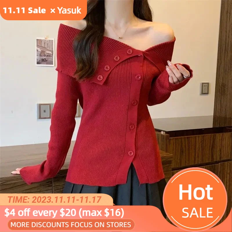 

Yasuk Autumn Female Casual Hollow out Strapless Pullover Women's Loose Sexy Gentle Versatile Warm Irregularly Forked Button