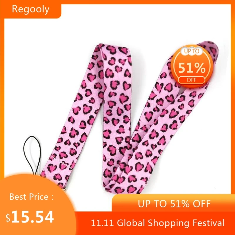 

30pcs Pink Leopard Pattern Lanyard Keys Phone Holder Funny Neck Strap With Keyring ID Card DIY Animal webbings ribbons Hang Rope