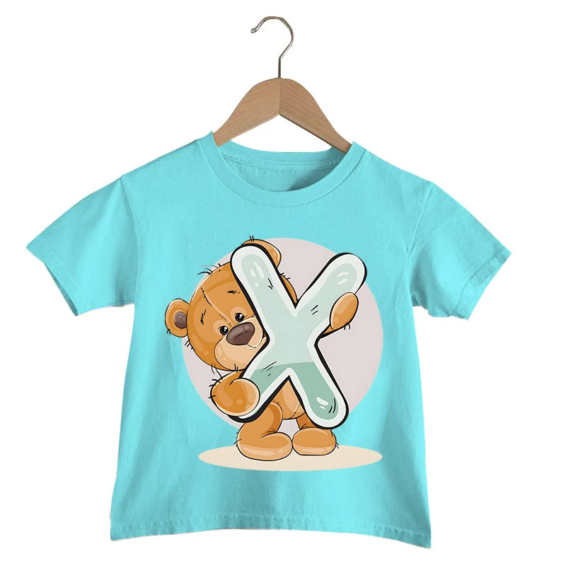 

2023 летняя футболка, модная детская одежда с 26 алфавитами и медведем, графическая футболка для мальчиков с мультяшными животными, милые топы с алфавитом для девочек, футболка