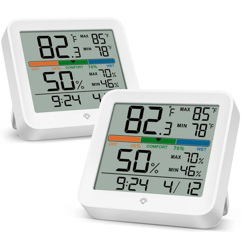 

2 Pack Digital Thermometer Indoor Hygrometer Clock Calendar Calibration Backlight , Temperature Gauge Humidity Monitor