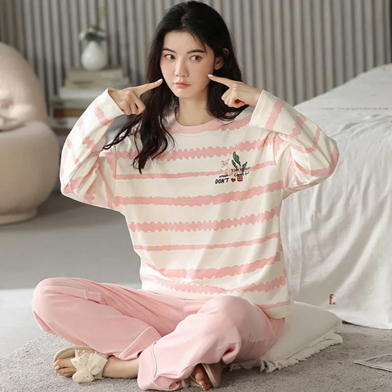 

Повседневная Милая Пижама с мультяшным рисунком для женщин, новый хлопковый комплект для сна с длинным рукавом, весна-осень, женская одежда для сна