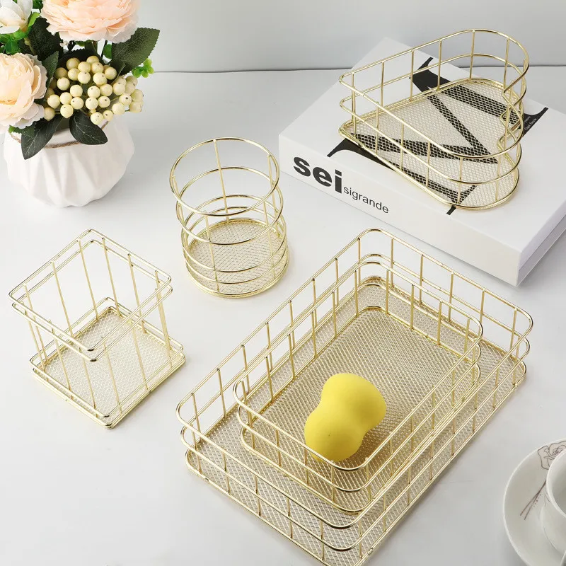 

Nordic Metal Storage Basket Home Office Sundries Finishing Basket Tray Dressing Table Cosmetics Organizer Lipstick Perfume Stand