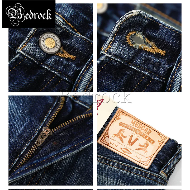 MBBCAR 14.5oz vintage hand worn stone washed selvedge denim cattle jeans men heavy 100 cotton indigo raw denim straight pants