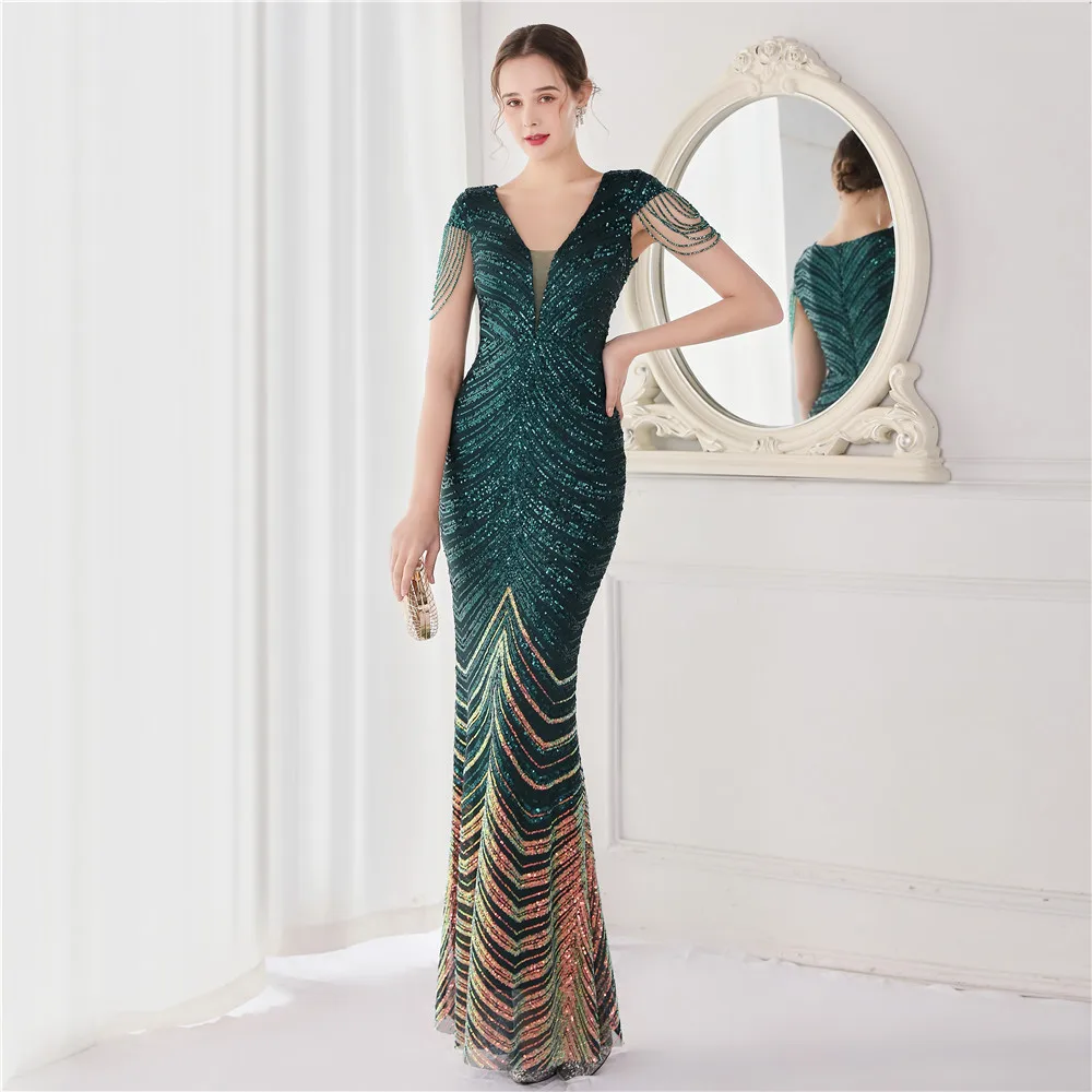 

New 2023 Green Short Sleeve Beaded Style Prom Dress DongCMY Maxi Mermaid Evening Party Robe De Soiree De Mariage