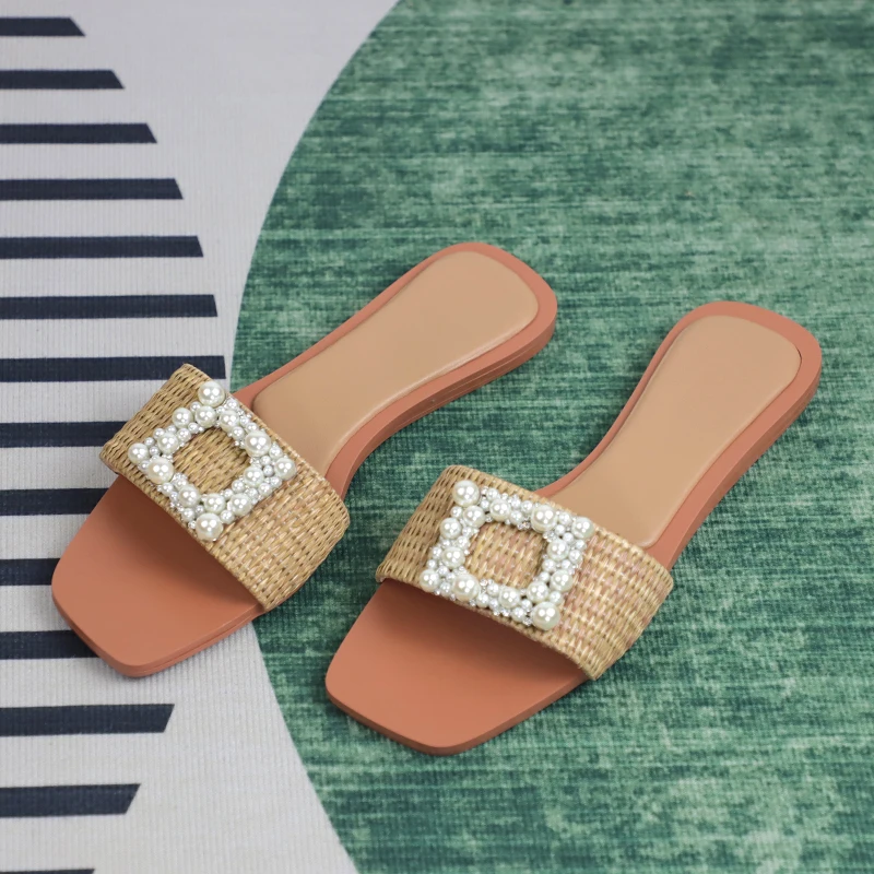 Z Women Fashion Outside Flat Sandals Elegant Pearl Woman Slides Shoes Low Heels Weave Beach Ladies Sandals Travel Summer Shoes