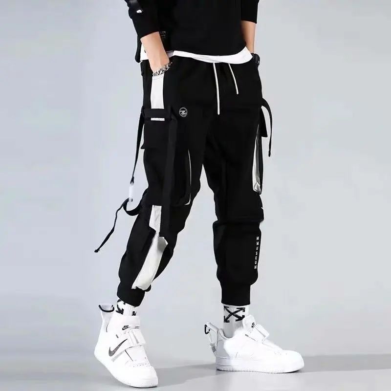 

HOUZHOU Black Cargo Pants for Men Joggers Sweatpants Men's Cargo Trousers Male White Korean Techwear Steetwear Hip Hop Ribbons