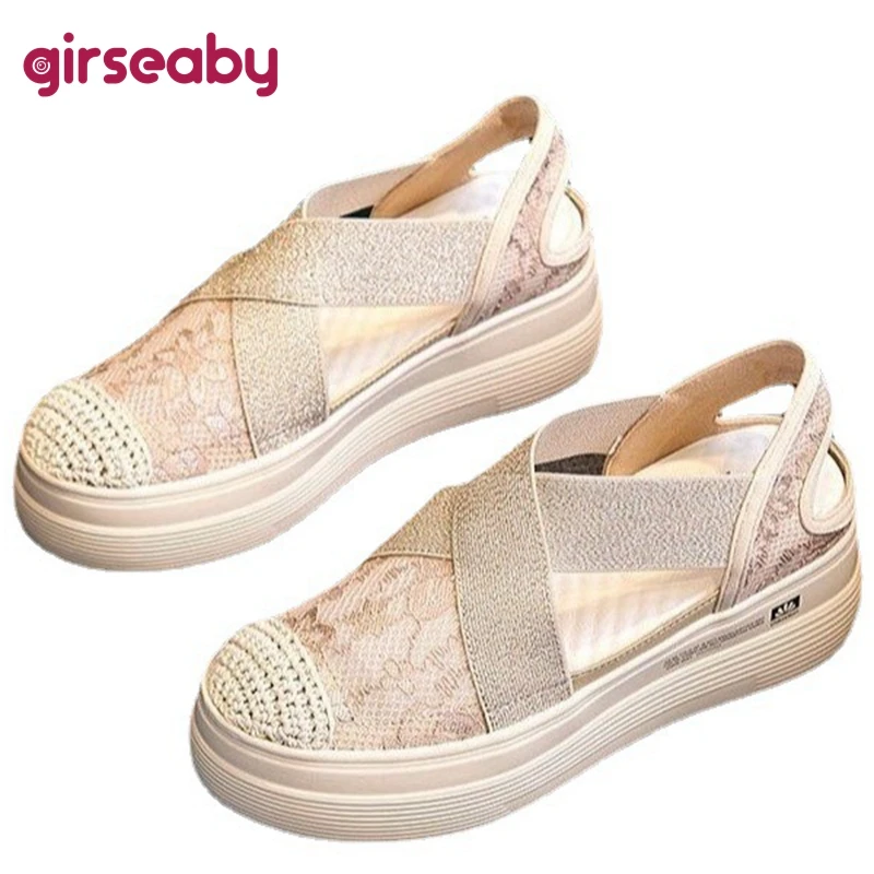 

Girseaby Fashion Ladies Platform Sandals Increased Heels Lace Breathable Mesh Elastic Band Fishman Shoes Size 35-40 Spring S3508