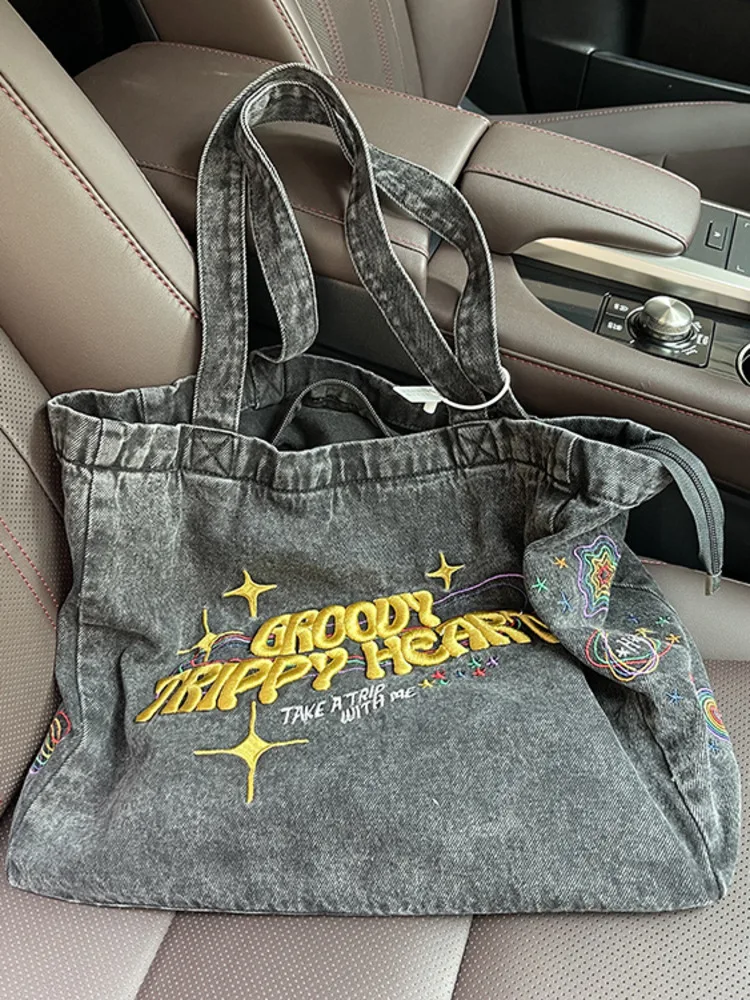 

Сумка кросс-боди Женская из денима, повседневный саквояж на плечо с вышивкой, дорожная сумочка на молнии, тоут, мессенджер