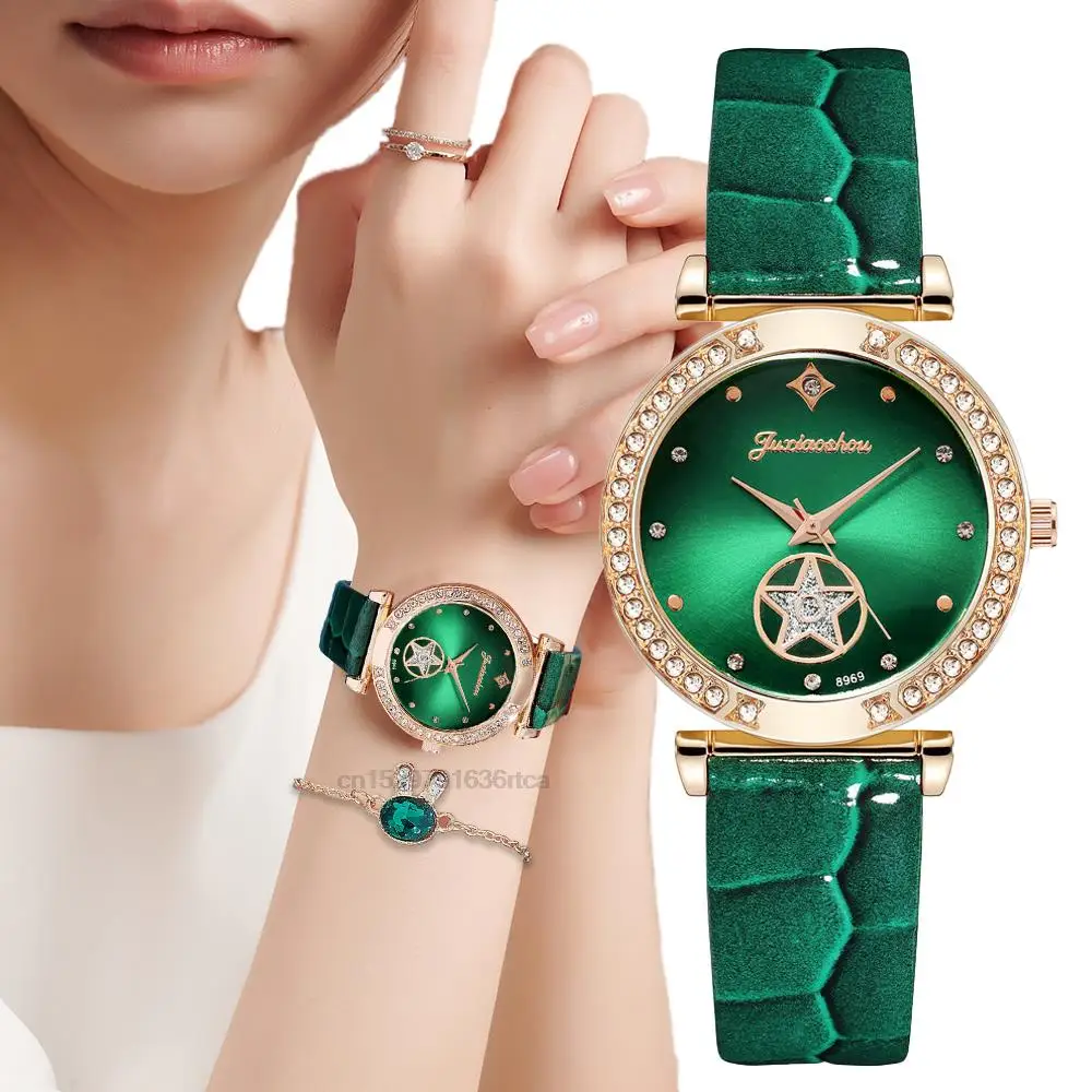 Luxury Women Fashion 2022 Green Watches Qualities Diamond Studded Quartz Watch Ladies Leather Wristwatches Elegant Montre Femme