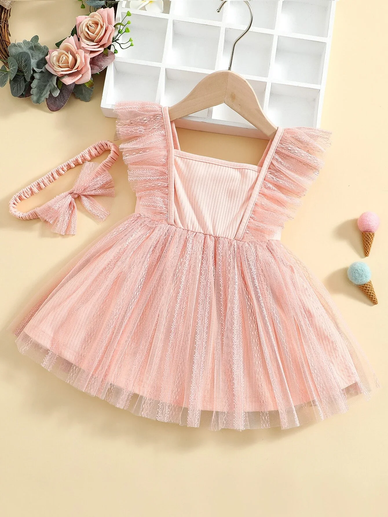 

Baby Contrast Lace Ruffle Trim Square Neck Dress & Headband