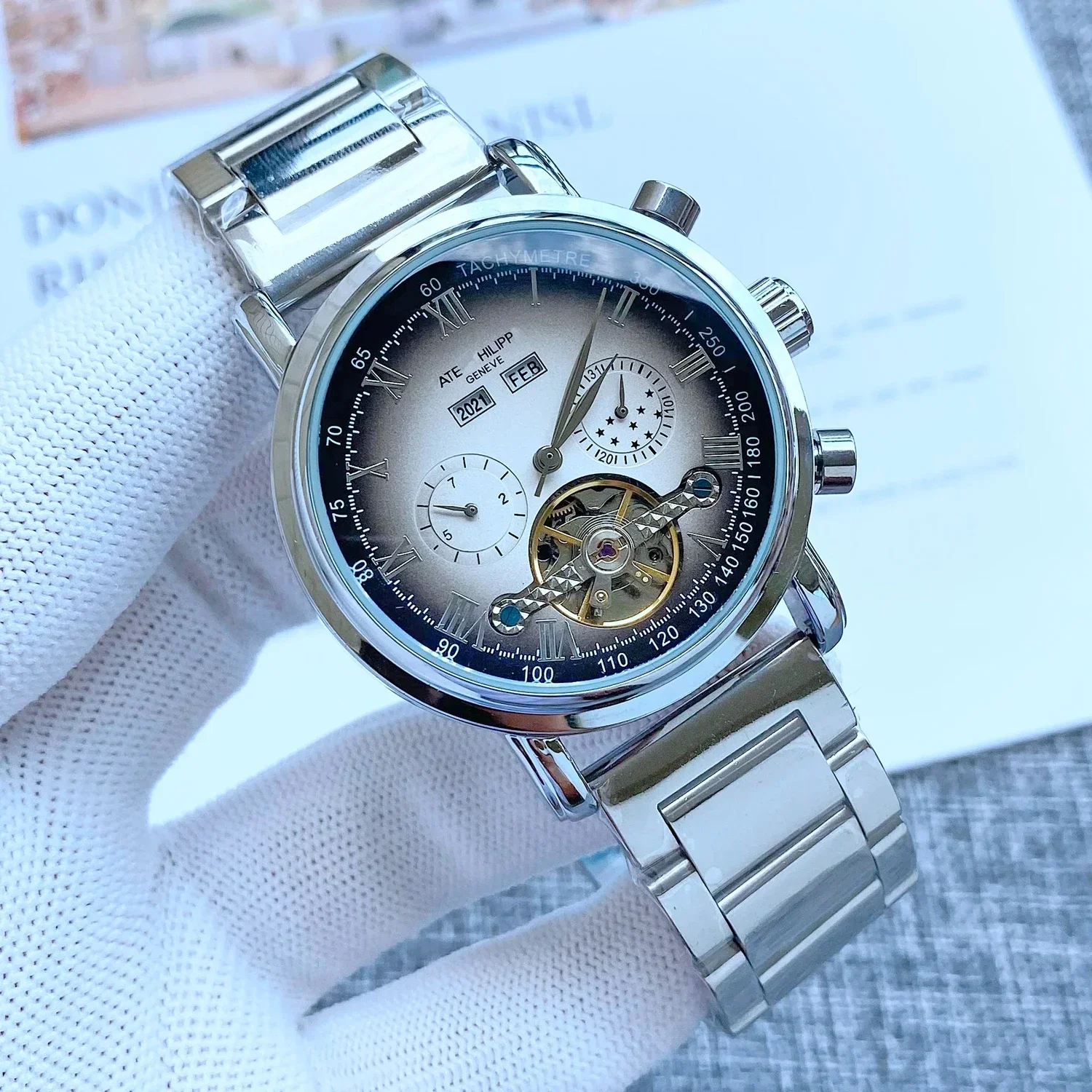 

Top AAA Watches For Mens Luxury Multifunction Full Steel Automatic Mechanical Tourbillon watch High Qulaity AAA Clock