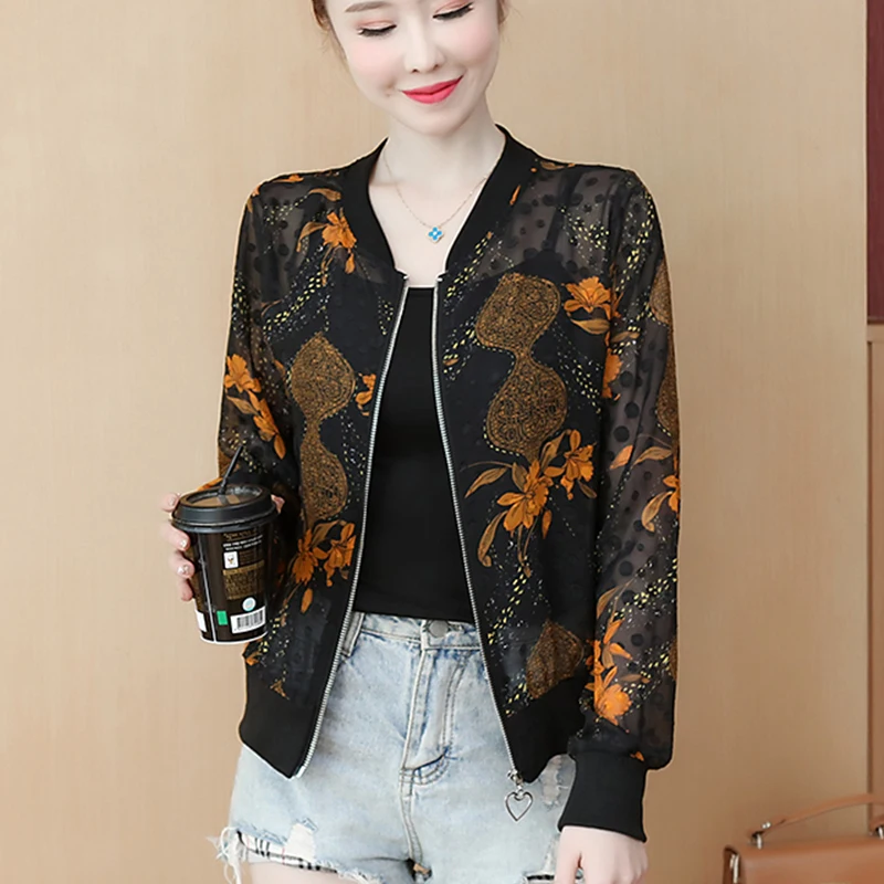 

2022 Korean Summer Chiffon Lace Jackets Women Bomber Jacket Long Sleeve Elegant Short Silk Feamle Sunscreen Coat Jacket Overcoat