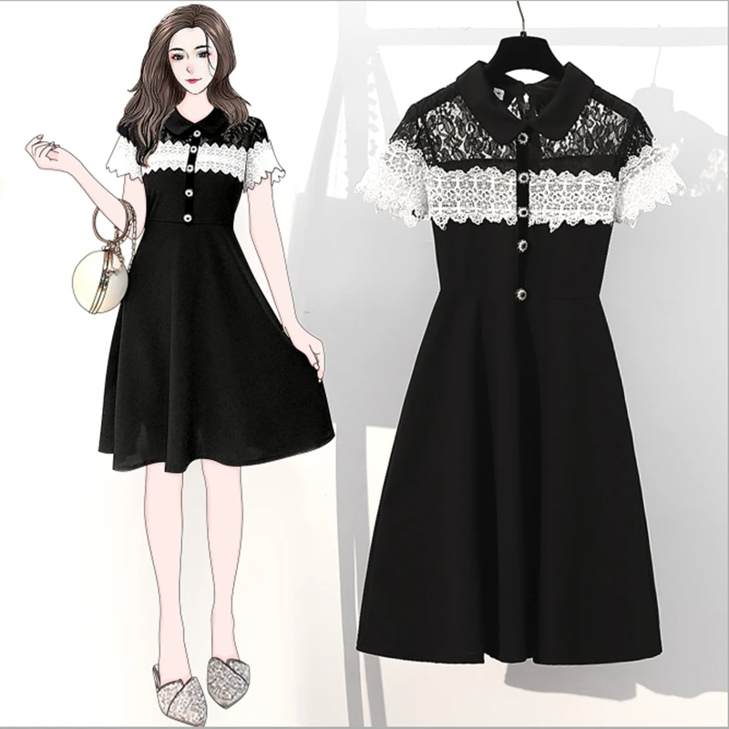 

Elegant Large Size Dresses Women's Clothing 2023 Summer New Stylish Short Sleeve Lace Splice Slim Dress Vestidos AC168
