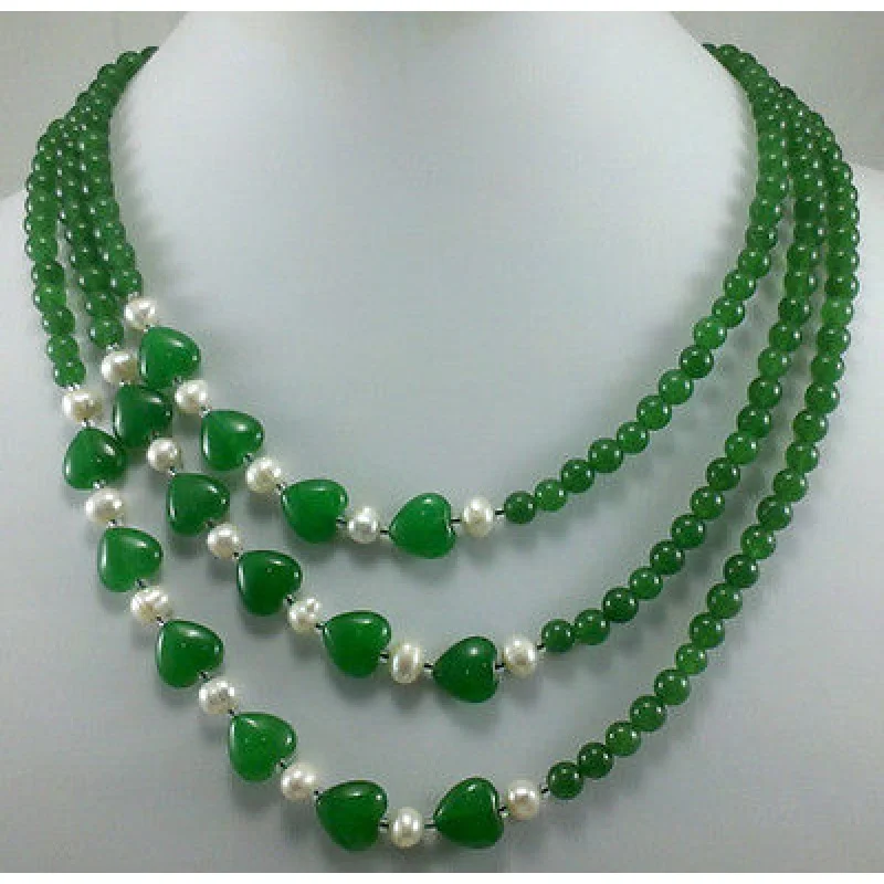 

3 ряда 6 мм зеленый нефрит и 12 мм зеленый красный нефрит в форме сердца белое Жемчужное ожерелье 17 "-19"