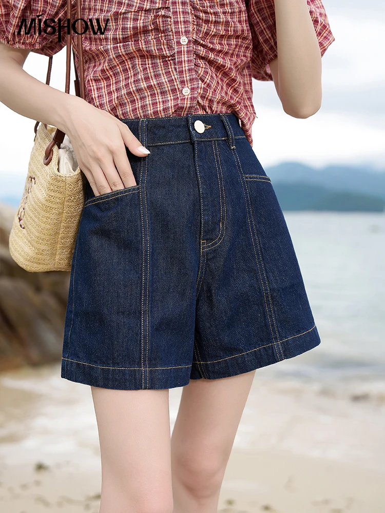 MISHOW 100Denim Cotton Shorts for Women 2023 Summer High Waist A-line Pocket Wide Leg Loose Female Casual Short Pants MXC38K0431