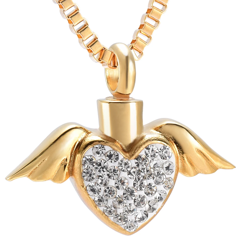 

5pcs Angel Wing Heart Memorial Jewelry Gold Cremation Urn Necklace for Ashes Crystal Pink Heart Stainless Steel Pendant Fashon G