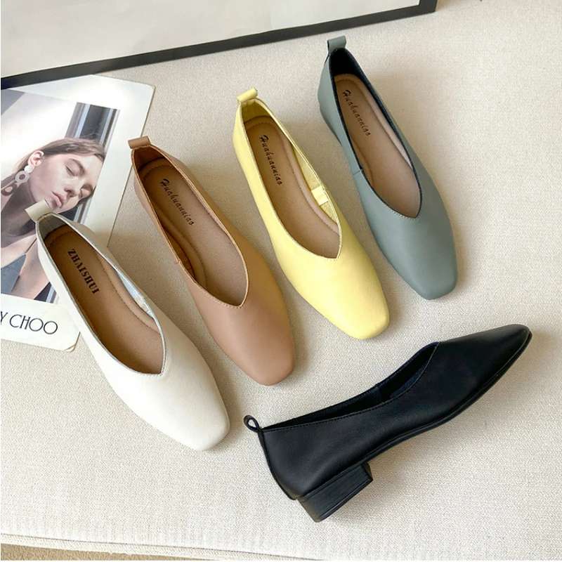 

Туфли женские кожаные на низком каблуке, удобные лоферы, квадратный носок, без застежки, повседневная мягкая обувь для офиса, работы, весна ...