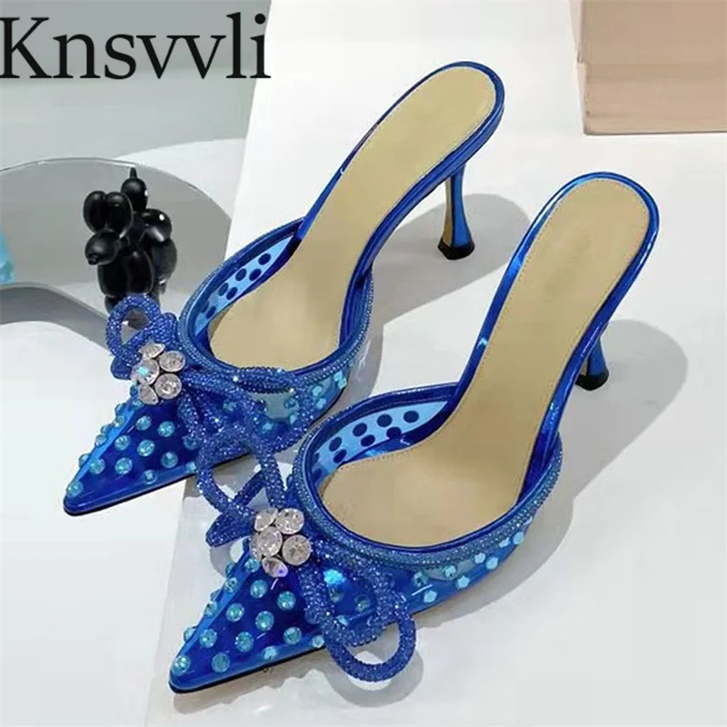 

Crystal High Heels Slippers Women PVC Pointy Toe Slingbacks Slides Shoes Rhinestone Butterfly-knot Party Prom Mules Shoes Woman