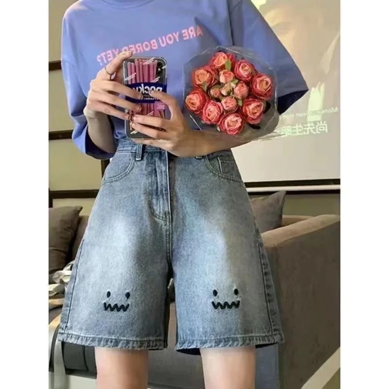 Y2K Summer Women Vintage Streetwear Korean Denim Shorts High Waist Knee Length Wide Leg Baggy Cargo Short Pants Harajuku Clothes